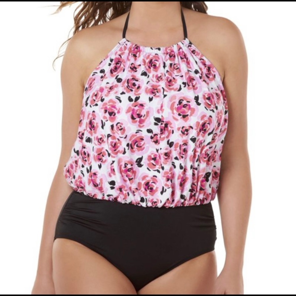 High neck floral one piece with halter tie neck